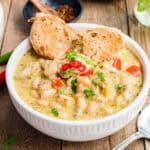 A bowl of white chicken chili.