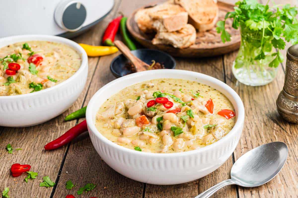 Two bowls of white chicken chili.