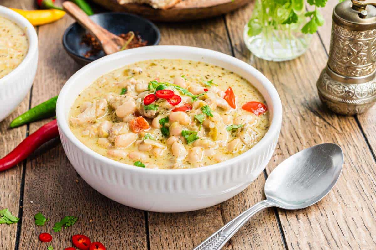 A bowl of white chicken chili.