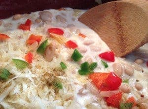 A close up of white chicken chili