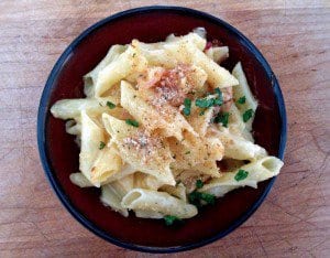 Overhead view of a bowl of ginger mac and cheese.