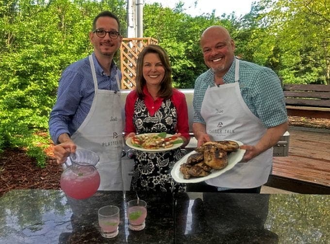 The Platter Talk guys on TV show making Cornell Chicken Barbecue.