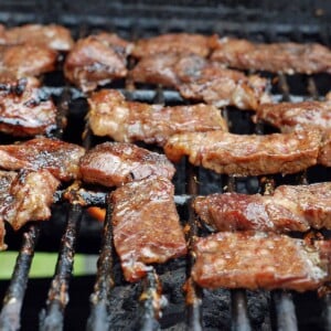 Strips of jerked beef on a grill