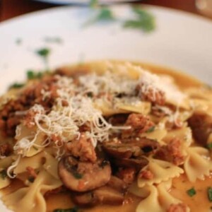 A plate of food, with Mushroom and Pasta