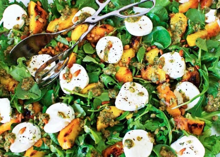 Grilled Peach Salad with Mint Basil Pesto Platter Talk