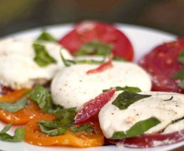 Burrata cheese on tomatoes and basil