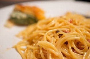 A close up of Carbonara.