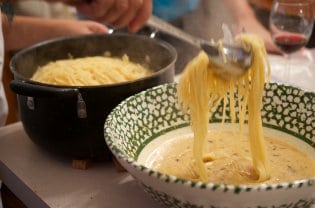 cooked pasta being served