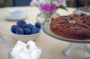 A close up of cake and fruit.