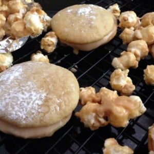whoopie pies and caramel corn on a cooling rack