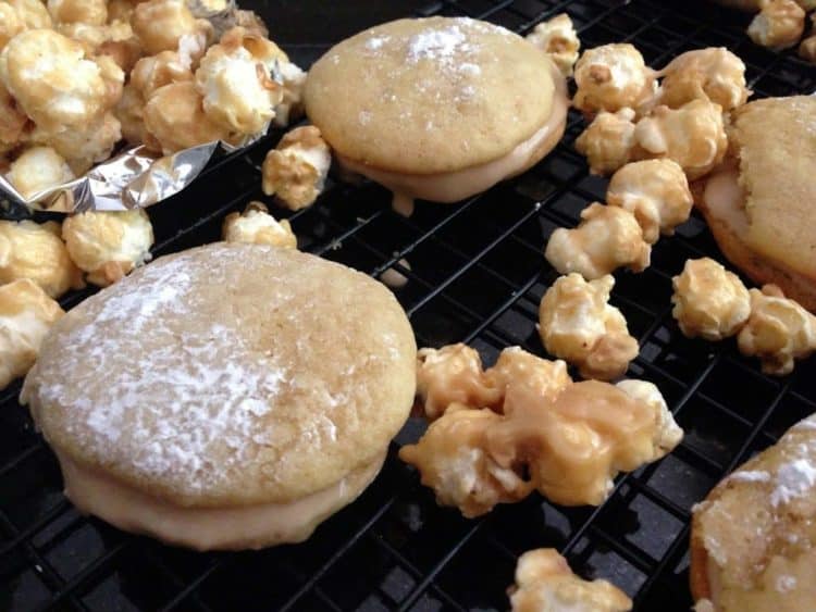 whoopie pies and caramel corn on a cooling rack