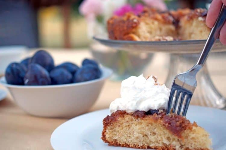 A piece of plum cake on a plate