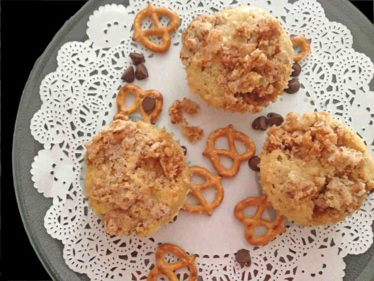 a plate of pretzel chocolate chip muffins