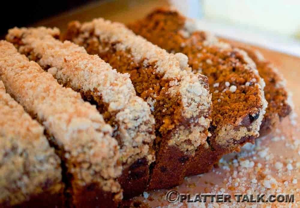 A close up piece of pumpkin bread.