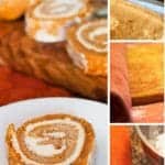 The steps to making a pumpkin roll and the finished pumpkin roll cake.