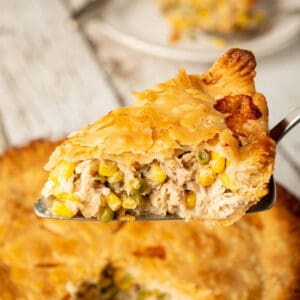 A slice of homemade chicken pot pie on a serving spatula.