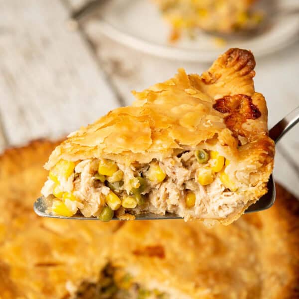 A slice of homemade chicken pot pie on a serving spatula.