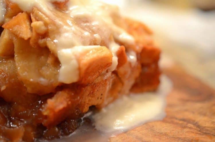 A close up of Apple Bread with icing.