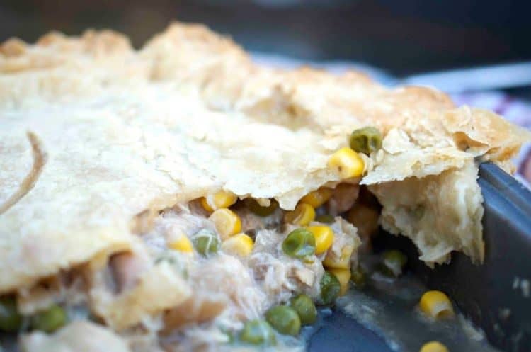 A close up of a slice of Pot pie.