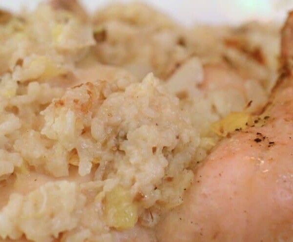 A close-up picture of chicken with rice.