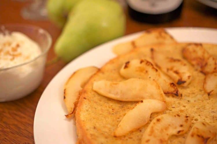 A close up of pears and cake.