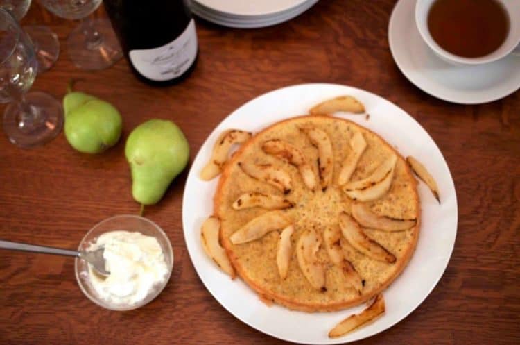 A close up of pears and cake.
