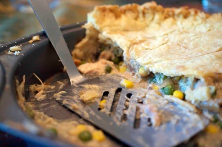 Chicken pot pie in a baking dish.