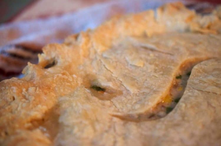 A close up of the top of a pot pie.