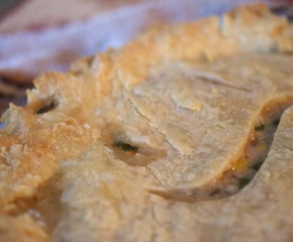 A close up of a pot pie.