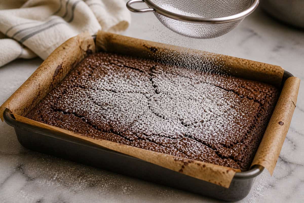 Sprinkling powdered sugar onto a pan of brownies.