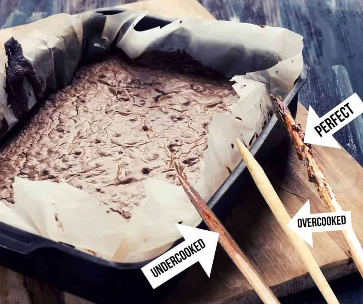 A pan of brownies with toothpicks that indicate level of doneness.