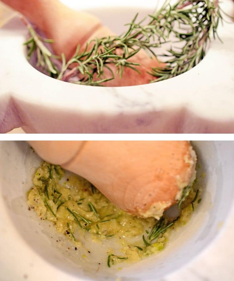 Rosemary and garlic in a mortar pestle