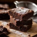 A stack of brownies with powdered sugar on top.