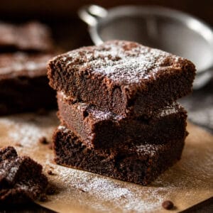 A stack of brownies with powdered sugar on top.