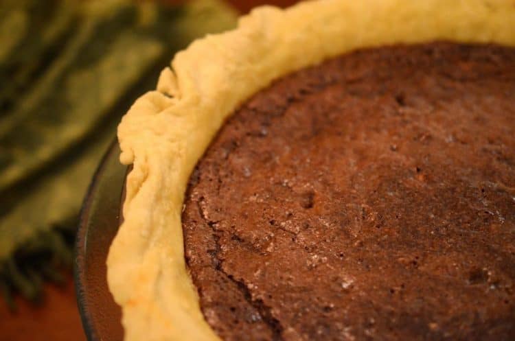 A close up of a chocolate cherry pie