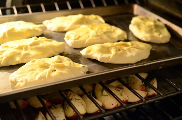 Tray of food in oven