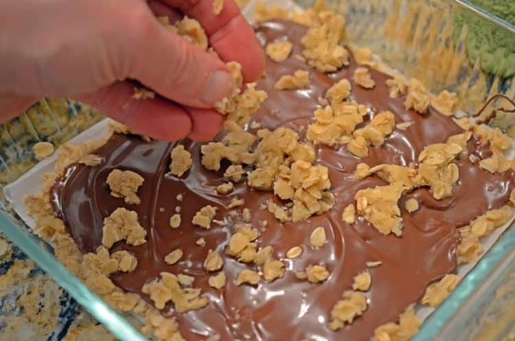 Nutella oatmeal crumb bars in a dish