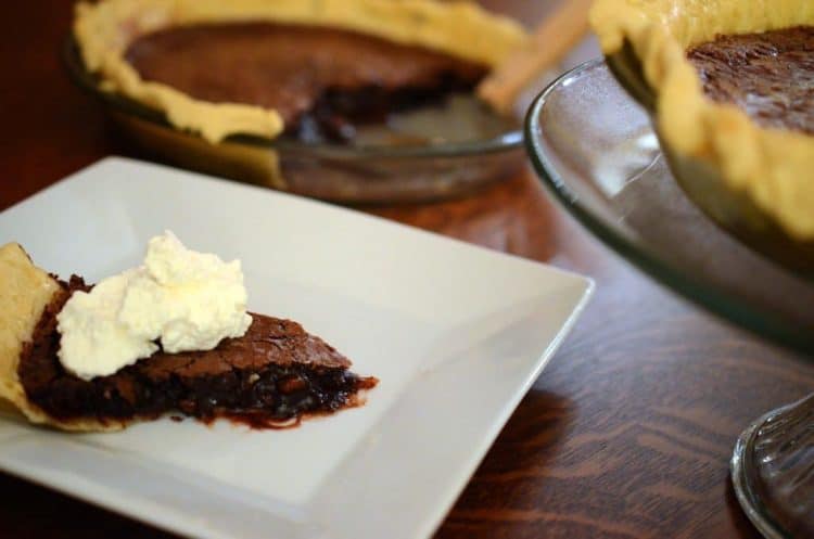 A close up of a plate of chocolate pie.