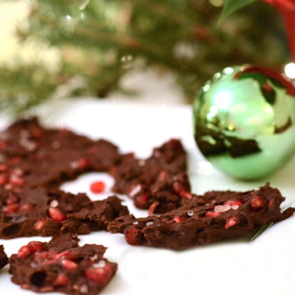 Some Chocolate Bark with a green ornament.