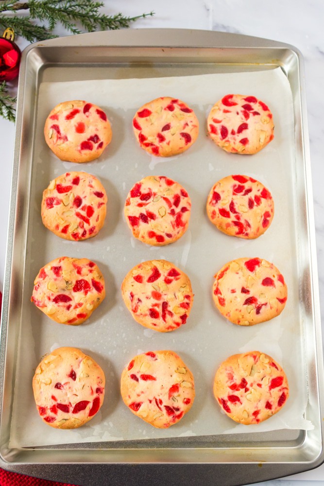 Tray of baked Cherry Christmas Cookies.