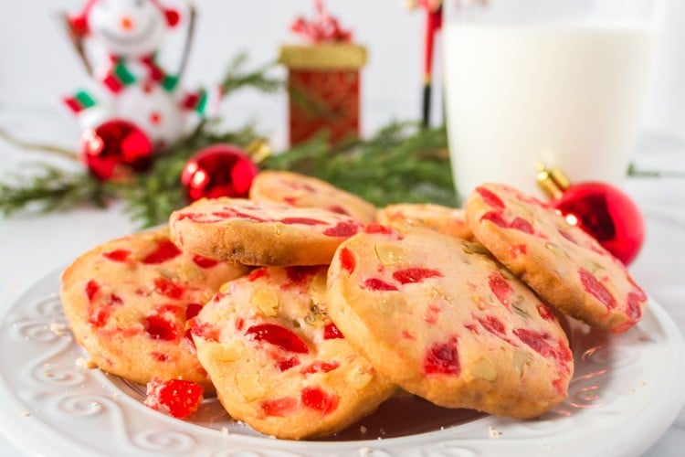 Plate of Cherry Christmas Cookies and a glass of milk.