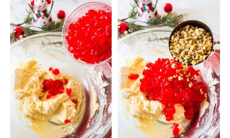 Adding chopped candided cherries and chopped nuts to cookie batter.