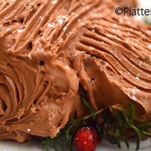 A close up of a chocolate yule log.