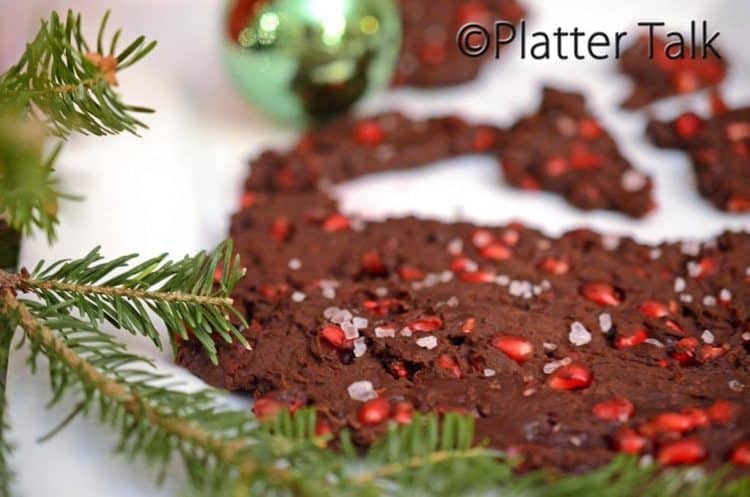 A close up of a piece of chocolate pomegranate ginger bark.