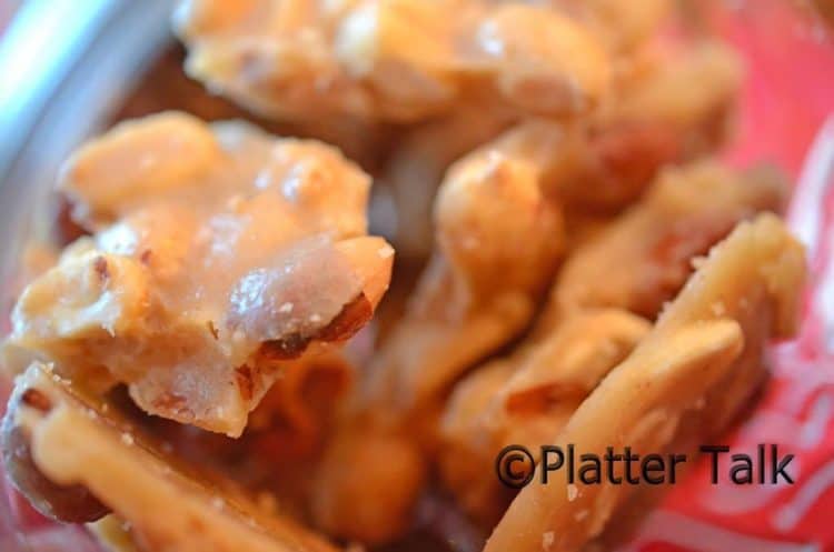 A close up of peanut brittle.