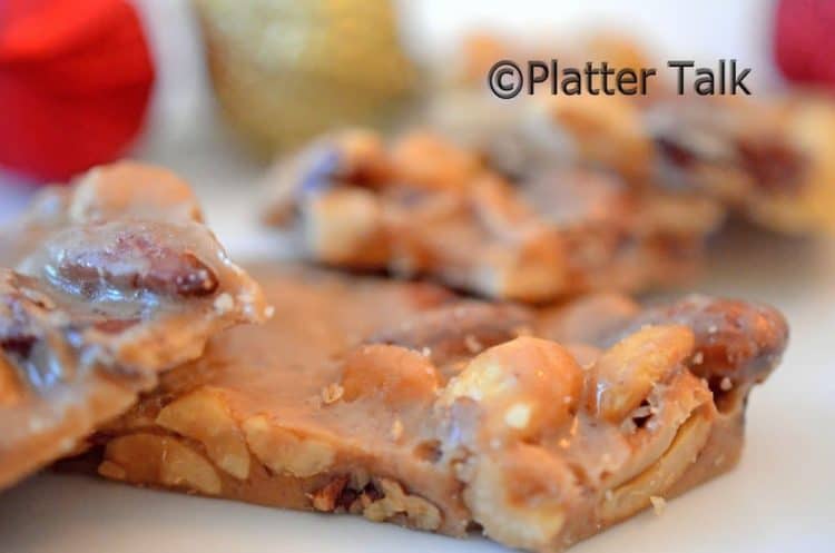 A close-up of a piece of peanut brittle.