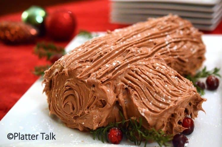 a yule log dessert on a platter.
