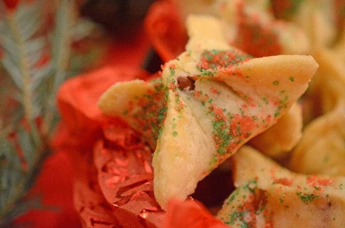 a close up of a Christmas wonton pastry.