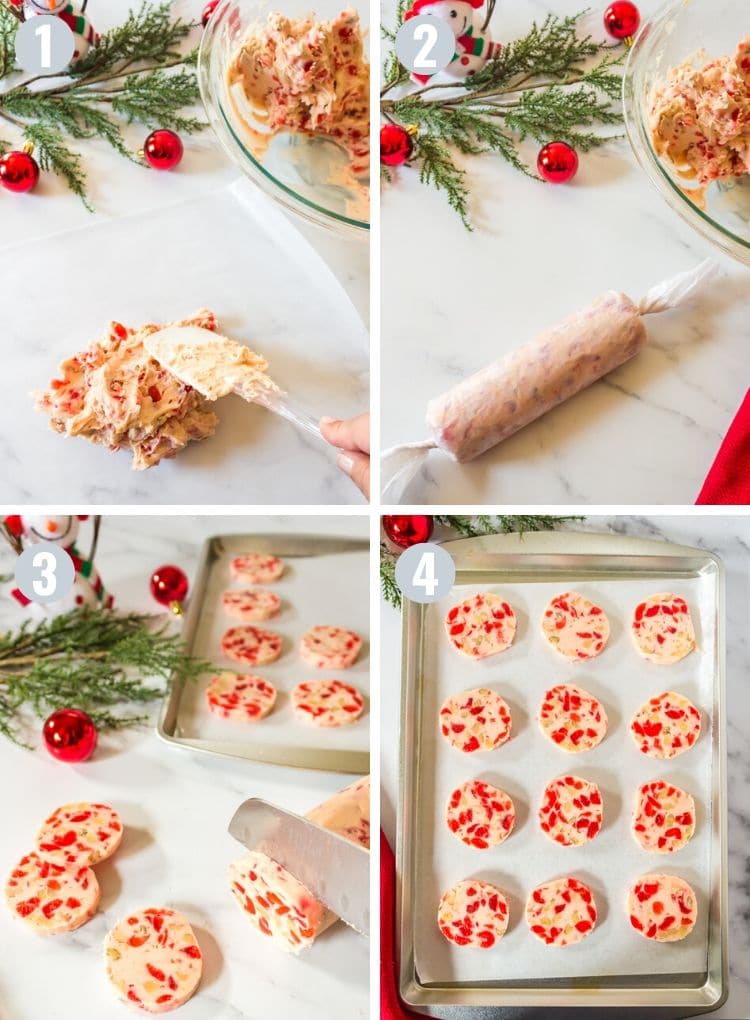 Process steps of rolling, chilling, and slicing refrigerator cookies.