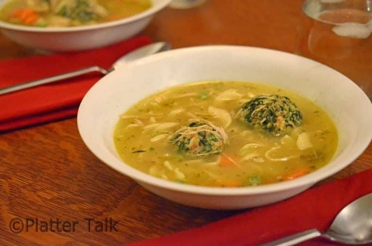 Spinach Dumplings in Chicken Noodle Soup Platter Talk